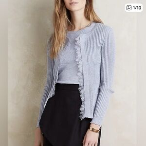 Anthropologie Knitted & Knotted Open Front Lace Trim Blue Ribbed Cardigan